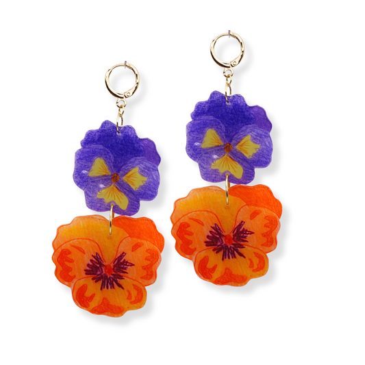These one of a kind Pansy earrings are hand drawn on lightweight acrylic.