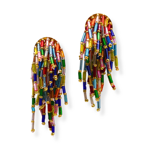 Bring the party everywhere you go with the Juniper earrings. Each pair is hand beaded and requires several hours of detailed work. Despite the quantity of strands they are still lightweight and comfortable!