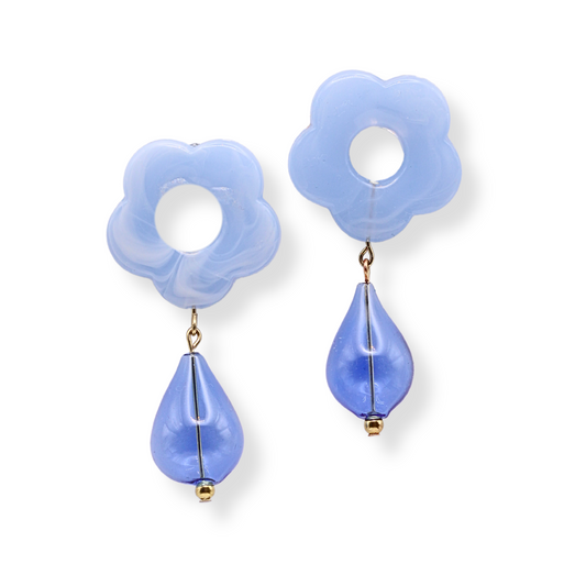 The Martha earrings are lightweight florals made with acrylic, hand blown glass, and hypoallergenic stainless steel posts. 
