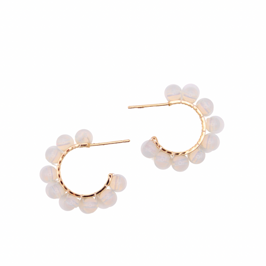 The Rita hoops are hand beaded with delicate moonstone beads and nickel free, hypoallergenic , gold plated hardware. 