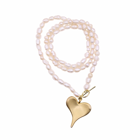 Vintage Reclaimed Brass Heart Charm Freshwater Pearl Necklace | Summer Nikole Jewelry