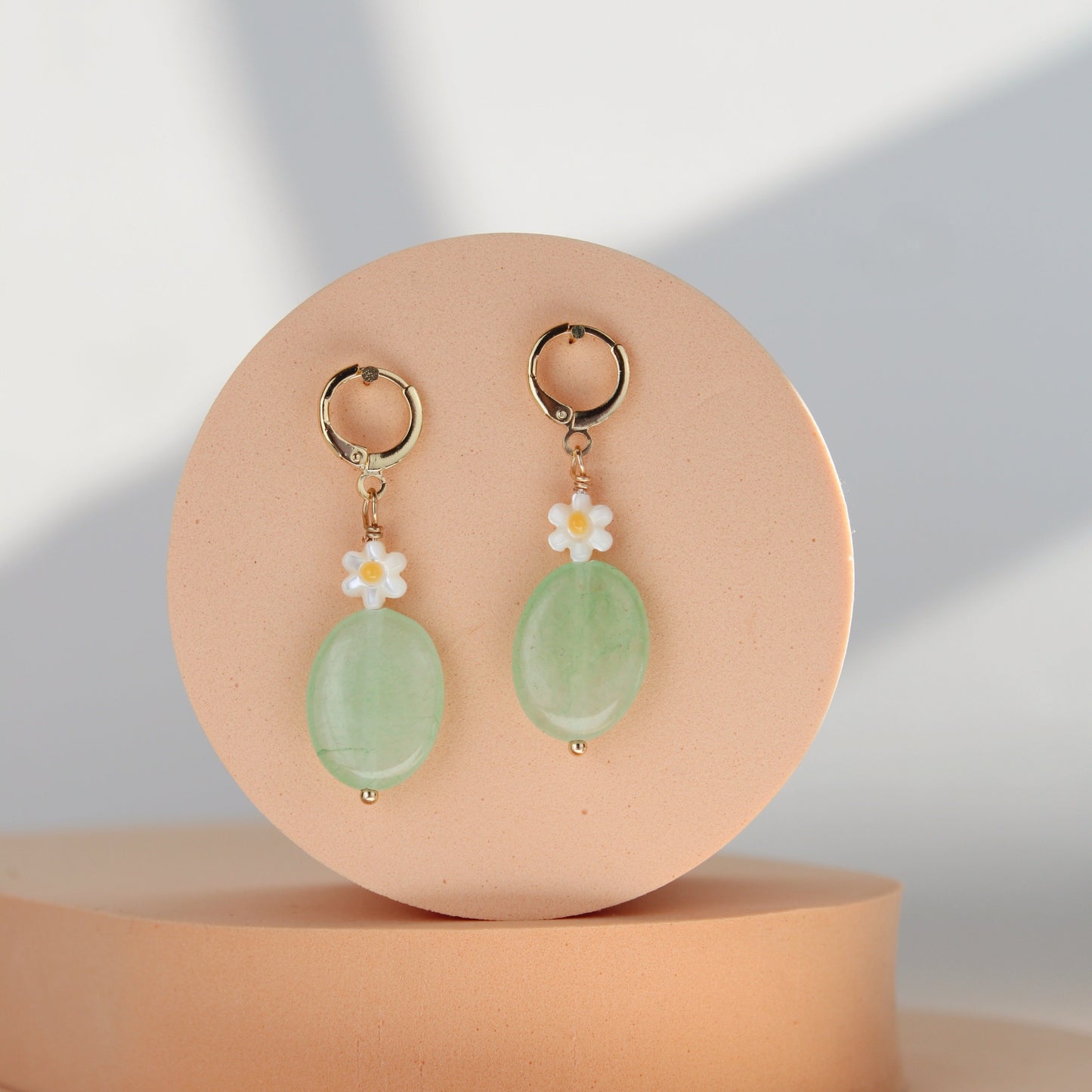 Daisy flower earring with green glass beads on gold plated hoop earring | Summer Nikole Jewelry